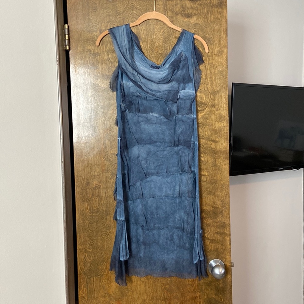 Blue silk dress with a dip dye/tie-dye type of print.